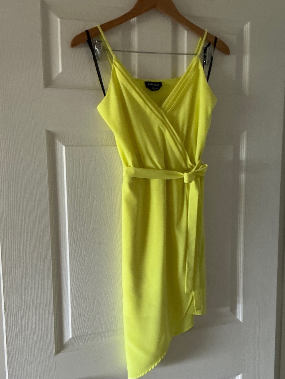 bebe Neon Yellow Asymmetrical Wrap Dress with Belt